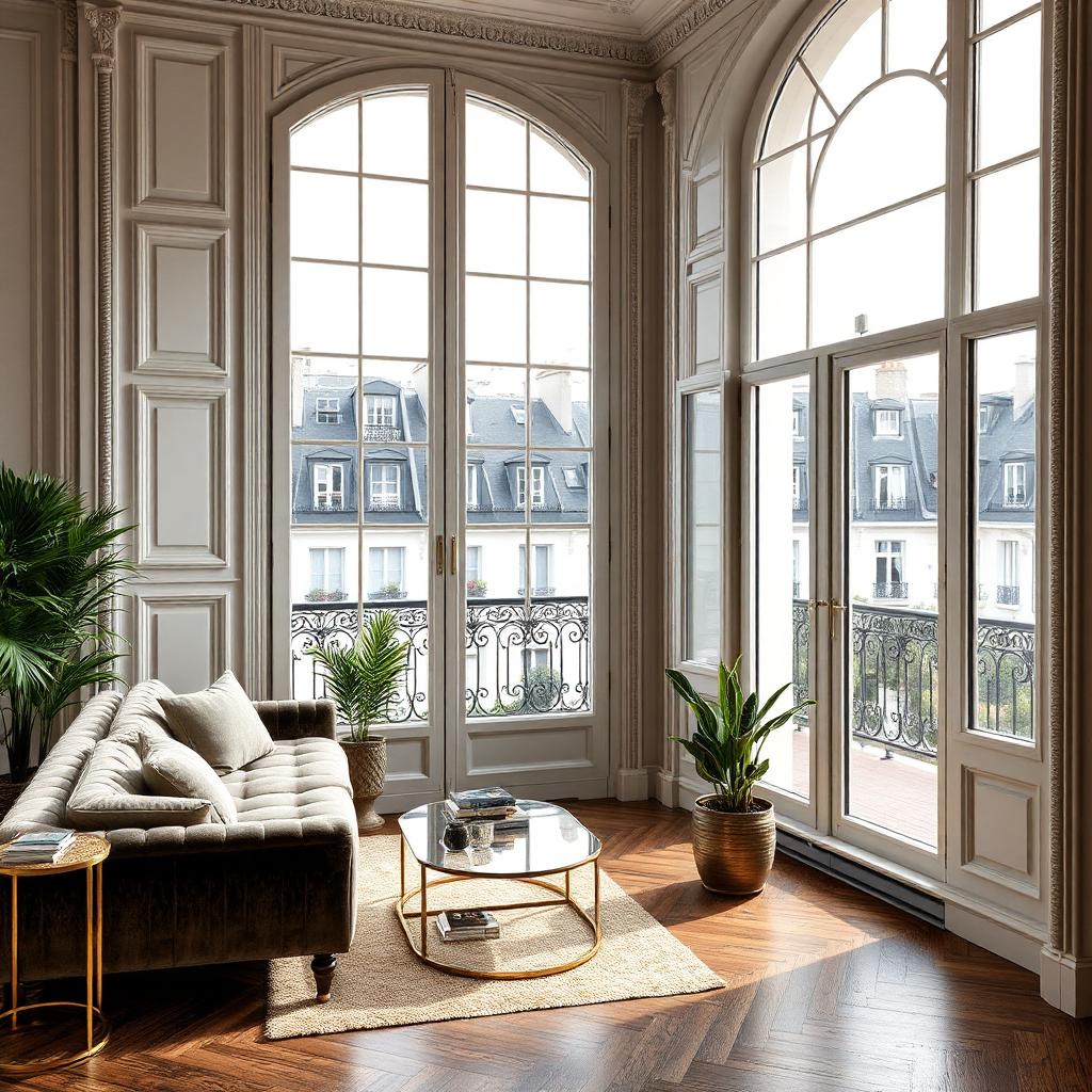 Stylish Paris apartment interior with balcony and Haussmannian details — ideal for US buyers