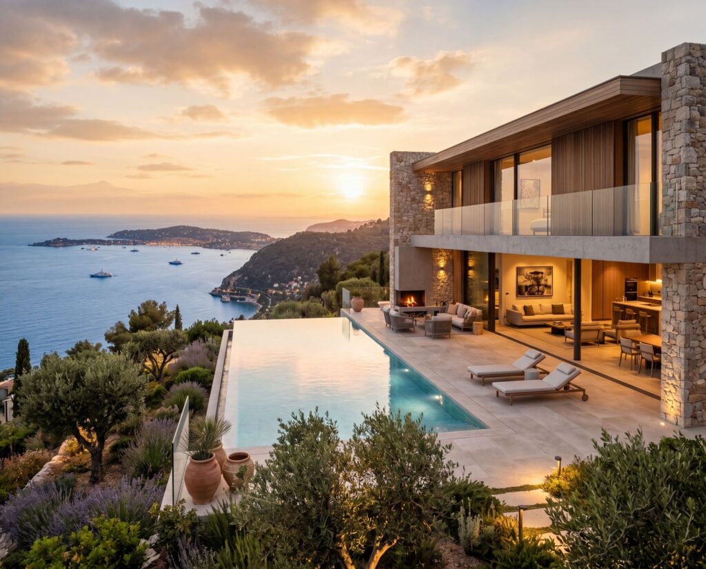Luxury contemporary villa renovation on the French Riviera with modern interior design and sea view terrace