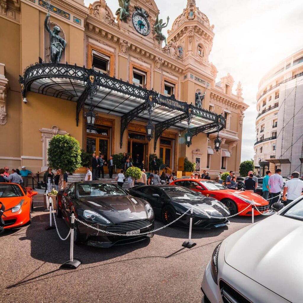 Luxury supercars parked outside Monte Carlo Casino in Monaco